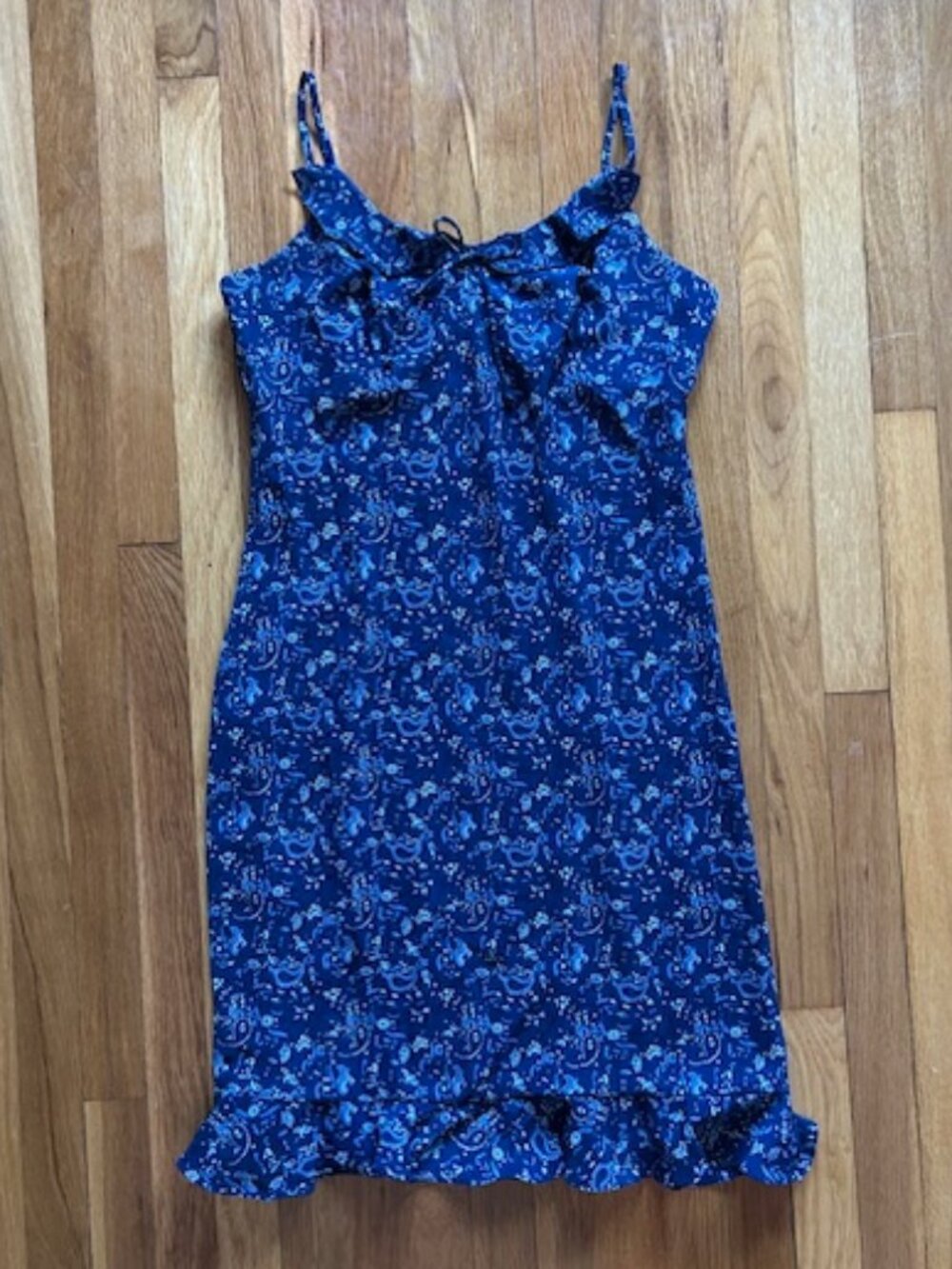 90s Vintage Paisley Ruffle Trim Blue Dress